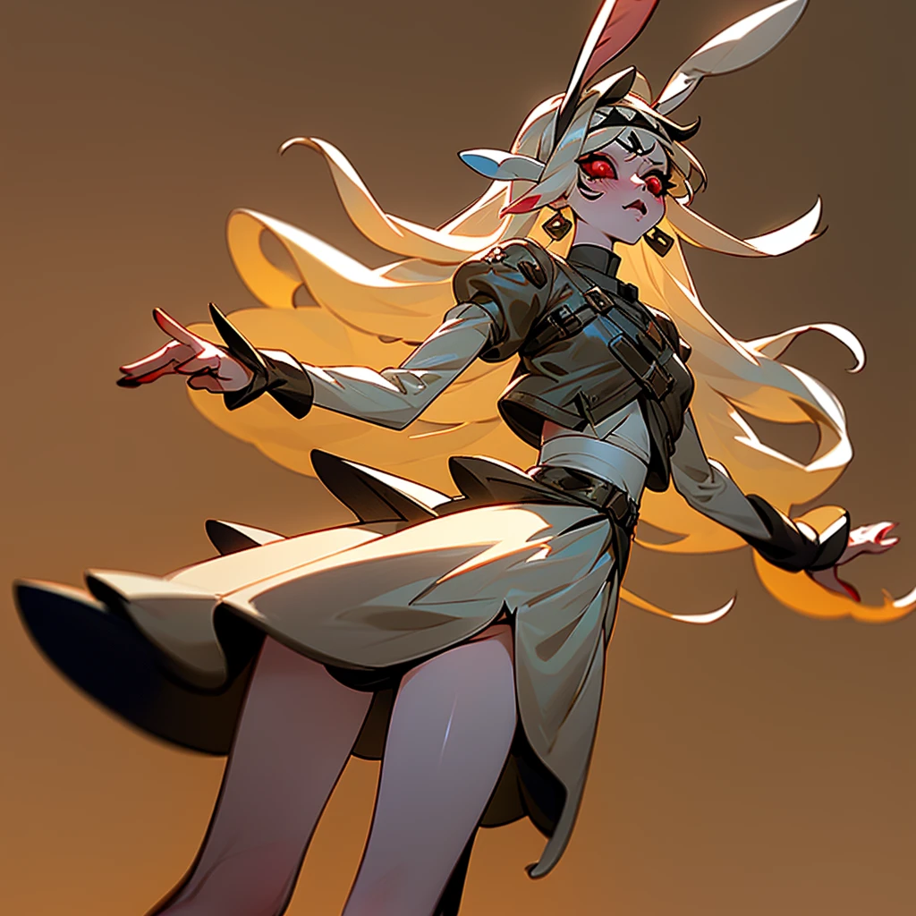 ((1Girl)) ((Bunny girl)) ((Bunny ears)) ((Bunny tail)) ((Cultist)) ((Heterochromia Iridium)) ((Black and Red eyes))

She has long white hair that touches the ground, she has heterochromia iridium, her left eye is red, and her right eye is black, she has pale skin, with freckles all over, she has long brown bunny ears, and a brown bunny tail, she has bunny whiskers, she dresses in a gothic fashion, wearing skirts, and tiny tops, she has bruised knees, and wears platforms, she is a bunny-human hybrid, she is a cultist, a cult leader, she has bangs covering a hole in her forehead, she has brusies on her body, holding a knife.