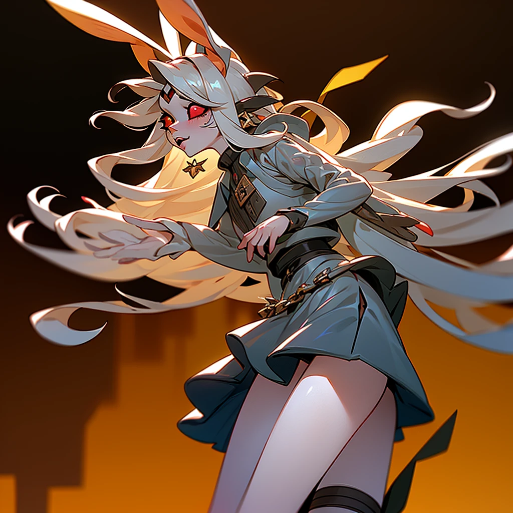 ((1Girl)) ((Bunny girl)) ((Bunny ears)) ((Bunny tail)) ((Cultist)) ((Heterochromia Iridium)) ((Black and Red eyes))

She has long white hair that touches the ground, she has heterochromia iridium, her left eye is red, and her right eye is black, she has pale skin, with freckles all over, she has long brown bunny ears, and a brown bunny tail, she has bunny whiskers, she dresses in a gothic fashion, wearing skirts, and tiny tops, she has bruised knees, and wears platforms, she is a bunny-human hybrid, she is a cultist, a cult leader, she has bangs covering a hole in her forehead, she has brusies on her body, holding a knife.