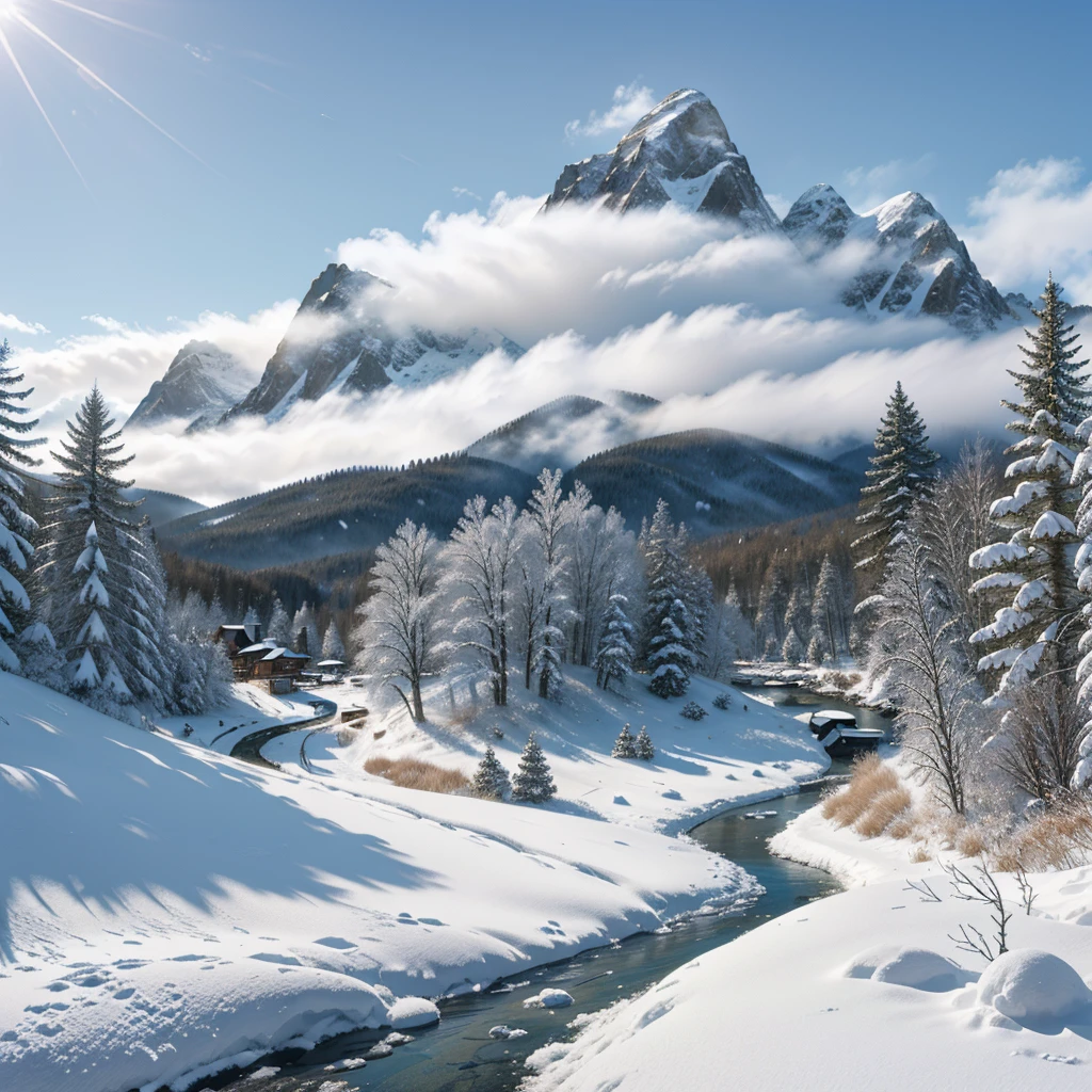 "Hyper-realistic digital painting of a serene snow-covered mountain landscape, with towering peaks glistening in the sunlight, their slopes blanketed in pristine white snow. A clear blue sky above with a few scattered clouds adds depth to the scene. In the foreground, a frozen river winds its way through a valley, bordered by tall pine trees dusted with snow. Footprints of wildlife can be seen in the untouched snow, and a cozy log cabin with smoke rising from its chimney is nestled among the trees, cinematic composition, trending on ArtStation."