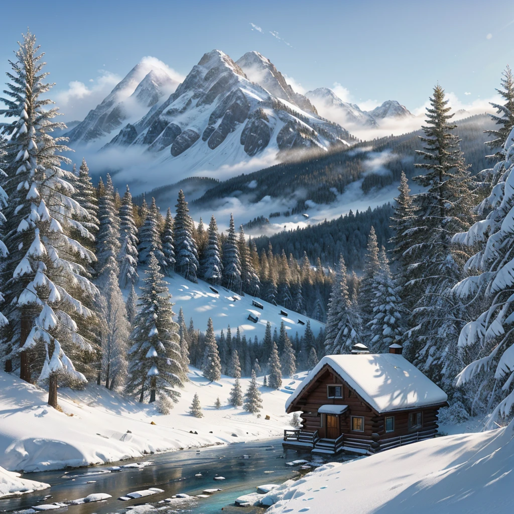 "Hyper-realistic digital painting of a serene snow-covered mountain landscape, with towering peaks glistening in the sunlight, their slopes blanketed in pristine white snow. A clear blue sky above with a few scattered clouds adds depth to the scene. In the foreground, a frozen river winds its way through a valley, bordered by tall pine trees dusted with snow. Footprints of wildlife can be seen in the untouched snow, and a cozy log cabin with smoke rising from its chimney is nestled among the trees, cinematic composition, trending on ArtStation."