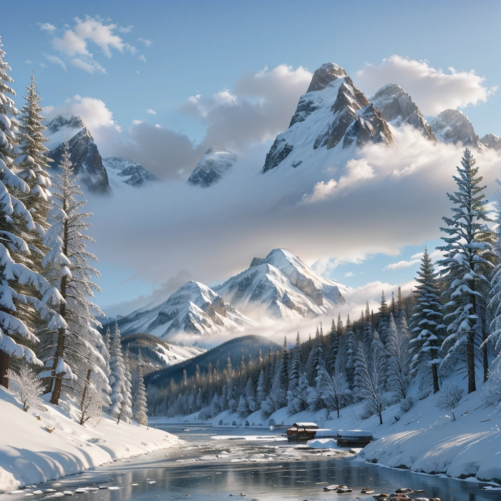 "Hyper-realistic digital painting of a serene snow-covered mountain landscape, with towering peaks glistening in the sunlight, their slopes blanketed in pristine white snow. A clear blue sky above with a few scattered clouds adds depth to the scene. In the foreground, a frozen river winds its way through a valley, bordered by tall pine trees dusted with snow. Footprints of wildlife can be seen in the untouched snow, and a cozy log cabin with smoke rising from its chimney is nestled among the trees, cinematic composition, trending on ArtStation."