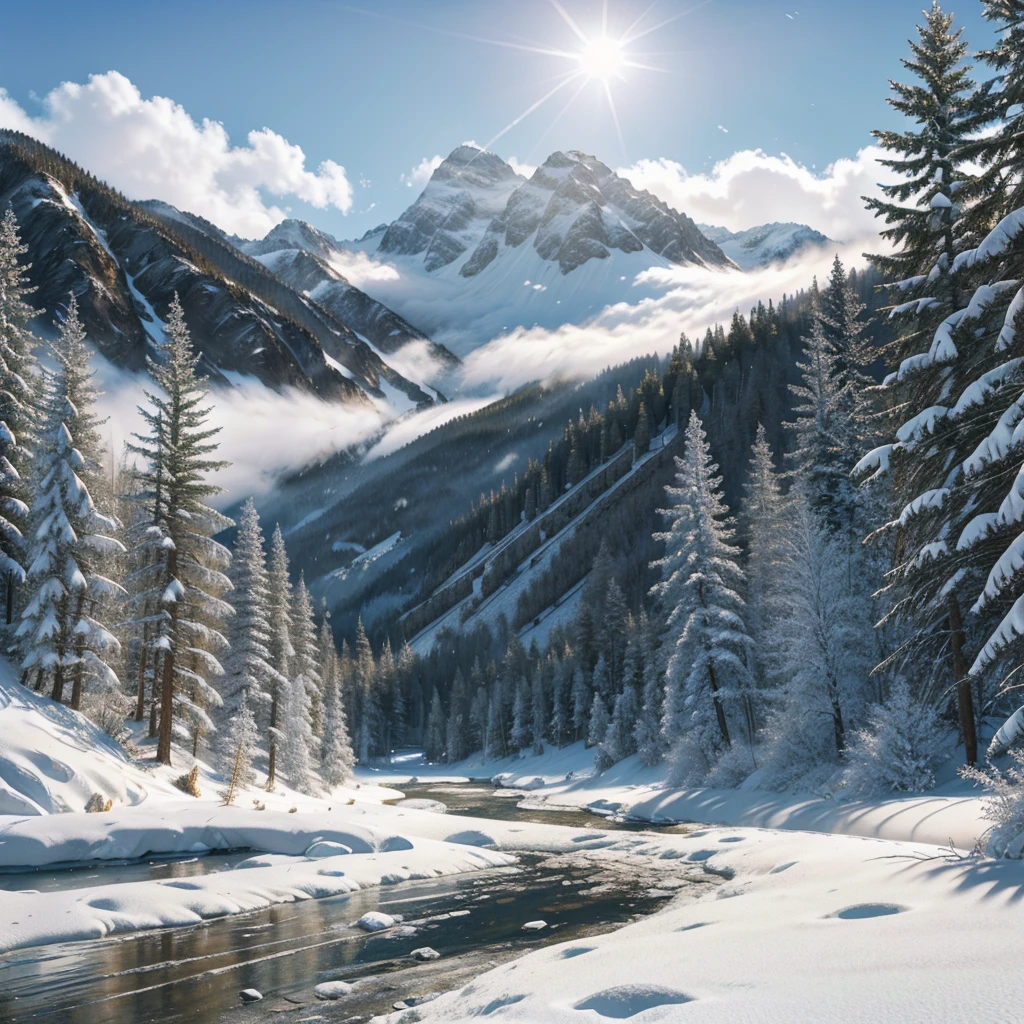 "Hyper-realistic digital painting of a serene snow-covered mountain landscape, with towering peaks glistening in the sunlight, their slopes blanketed in pristine white snow. A clear blue sky above with a few scattered clouds adds depth to the scene. In the foreground, a frozen river winds its way through a valley, bordered by tall pine trees dusted with snow. Footprints of wildlife can be seen in the untouched snow, and a cozy log cabin with smoke rising from its chimney is nestled among the trees, cinematic composition, trending on ArtStation."