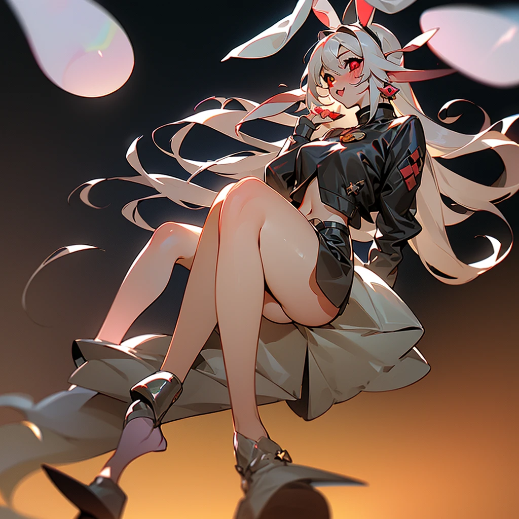 ((1Girl)) ((Bunny girl)) ((Bunny ears)) ((Bunny tail)) ((Cultist)) ((Heterochromia Iridium)) ((Black and Red eyes))

She has long white hair that touches the ground, she has heterochromia iridium, her left eye is red, and her right eye is black, she has pale skin, with freckles all over, she has long brown bunny ears, and a brown bunny tail, she has bunny whiskers, she dresses in a gothic fashion, wearing skirts, and tiny tops, she has bruised knees, and wears platforms, she is a bunny-human hybrid, she is a cultist, a cult leader, she has bangs covering a hole in her forehead, she has brusies on her body. Cute, Innocent looking,  yet curvy.