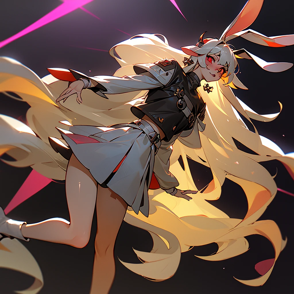 ((1Girl)) ((Bunny girl)) ((Bunny ears)) ((Bunny tail)) ((Cultist)) ((Heterochromia Iridium)) ((Black and Red eyes))

She has long white hair that touches the ground, she has heterochromia iridium, her left eye is red, and her right eye is black, she has pale skin, with freckles all over, she has long brown bunny ears, and a brown bunny tail, she has bunny whiskers, she dresses in a gothic fashion, wearing skirts, and tiny tops, she has bruised knees, and wears platforms, she is a bunny-human hybrid, she is a cultist, a cult leader, she has bangs covering a hole in her forehead, she has brusies on her body. Cute, Innocent looking,  yet curvy.