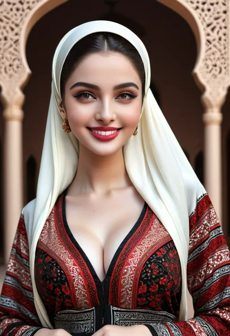 a hyperrealistic woman,  flirtatious smile,  long hijab, close hijab, brown eyes,  pale skin,  photorealistic. instagram influen...