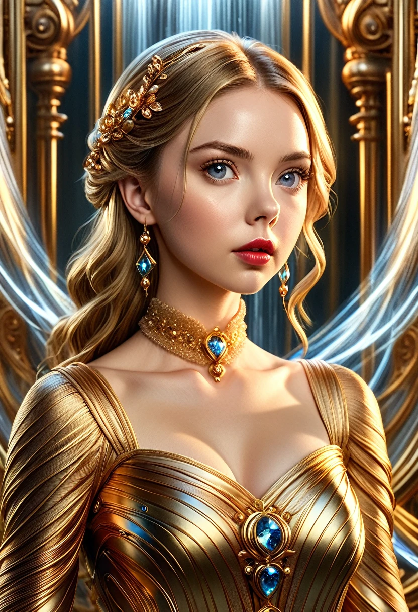 Une femme magnifique avec des cheveux faits de fils de cuivre complexes, cascading like a metallic waterfall. Elle porte une robe confectionnée en tissu délicat, intertwined copper wires, sparkling under the light. Son visage est un mélange fascinant d'Alison Brie, Scarlett Johansson, et Dove Cameron, create a unique, symmetrical face that exudes elegance and grace. The entire scene is rendered in photorealistic quality, capture every detail with stunning clarity. The entire artwork is a masterpiece, presented in high 8K resolution, mettant en valeur le savoir-faire artisanal et la vision artistique de la plus haute qualité.