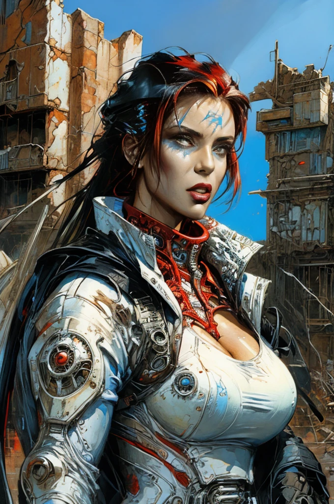 Post-apocalyptic art, Alison Tyler as a beautiful madmax woman in a white and red cybernetic suit, long black hair, blue colored eyes, Detailed texture skin, detailed cloth texture, beautiful detailed perfect face, she is in a deserted city amid destroyed cars and ruined buildings, Crisp and intricate details, ultra high resolution, threatening professional, an intricate, elegant, highly detailed digital painting, conceptual artwork, smooth, sharp focus, illustration, not Enki Bilal style