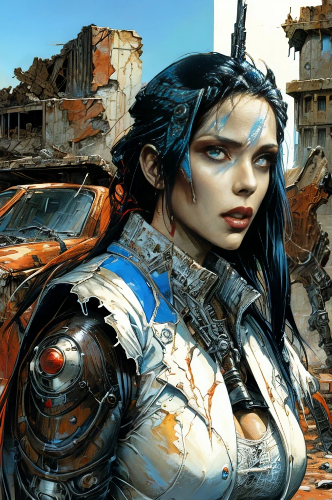 Post-apocalyptic art, Alison Tyler as a beautiful madmax woman in a white and red cybernetic suit, long black hair, blue colored eyes, Detailed texture skin, detailed cloth texture, beautiful detailed perfect face, she is in a deserted city amid destroyed cars and ruined buildings, Crisp and intricate details, ultra high resolution, threatening professional, an intricate, elegant, highly detailed digital painting, conceptual artwork, smooth, sharp focus, illustration, not Enki Bilal style