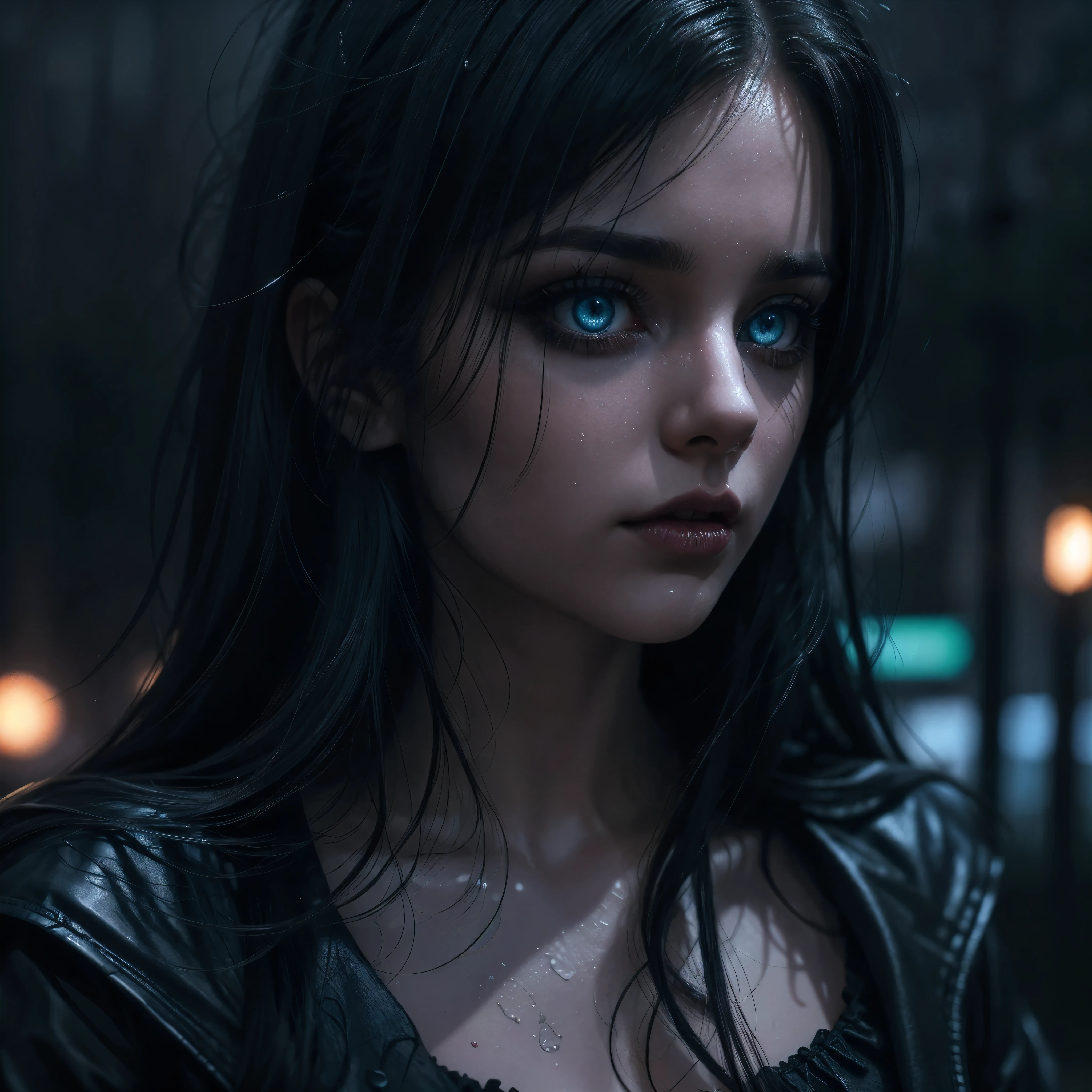 a beautiful girl with gorgeous glowing blue eyes, gothic makeup, large breasts, open clothing, white shirt, black miniskirt, in the rain, wet clothing, on a night street, (best quality,4k,8k,highres,masterpiece:1.2),ultra-detailed,(realistic,photorealistic,photo-realistic:1.37),extremely detailed eyes and face,beautiful detailed eyes,beautiful detailed lips,longeyelashes,dramatic lighting,cinematic lighting,moody atmosphere,dark and gritty,dramatic contrast,saturated colors,neon lights,rain effects