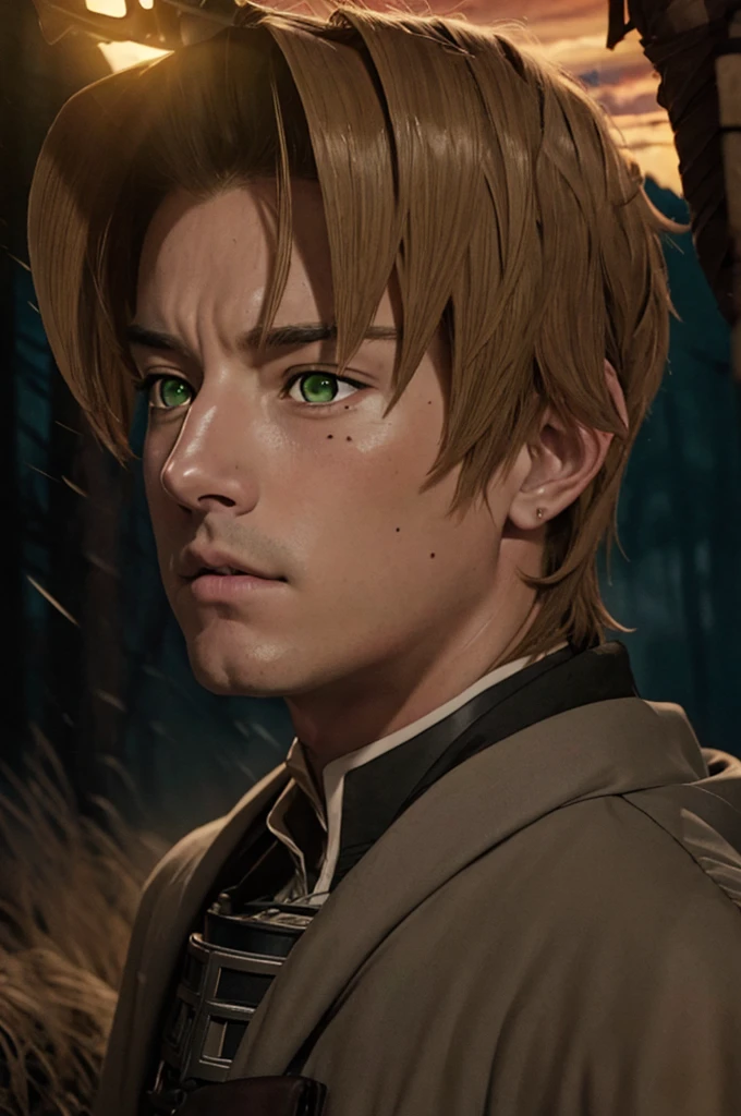 A young man in realistic portrait of high quality and detail, 2000's movie style, Rudeus Greyrat (Mushoku Tensei), a tall, well-built young teen man with a handsome appearance. He has light brown hair and green eyes, and he also has a mole under his left eye, dark and mysterious atmosphere, pale skin, glow, solo, 1man, fantasy, Depth & Perspective, Mystical powers, fine face, he standing on a hill, outside, burning forest in the background, a fiery sky, a cloud of ashes, looking at viewer, (ultra-high detail:1.2), Masterpiece, Best Quality, Ultra-detailed, Cinematic lighting, 8K, delicate features, cinematic, 35 mm lens, f/1.9, highlight lighting, global lighting –uplight –v 4, cinematic, intense gaze, Cinematic lighting, 8K, high quality, Highest Quality, (Solo Focus), (extremly intricate:1.3), (Realistic), dramatic, masterful, Analog style, (Film grain:1.5), (warm hue, cold tone)