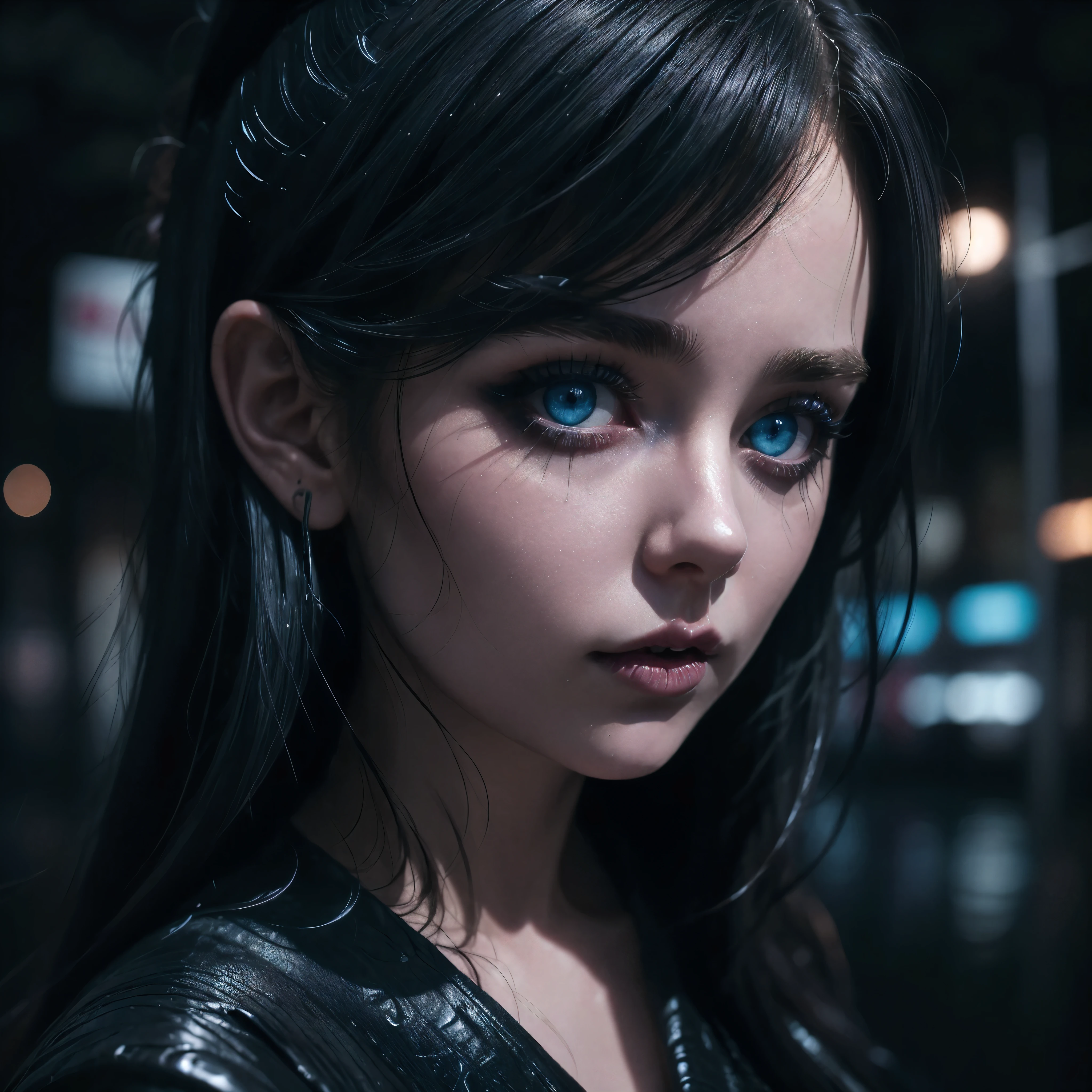 a beautiful girl with gorgeous blue eyes glowing with magic, gothic makeup, large breasts, open clothing, white shirt, black mini skirt, rain, wet clothing, street, night, cinematic lighting, dramatic pose, gorgeous detailed face, intricate details, masterpiece, photorealistic, 8k, highly detailed