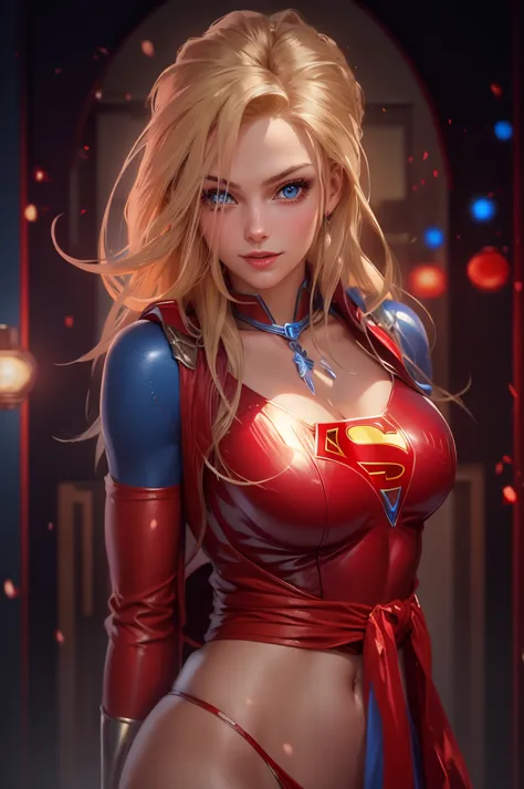 the character supergirl, perfect blue and red costume with the traditional "s" in the chest, red cape, shiny little blue eyes, e...