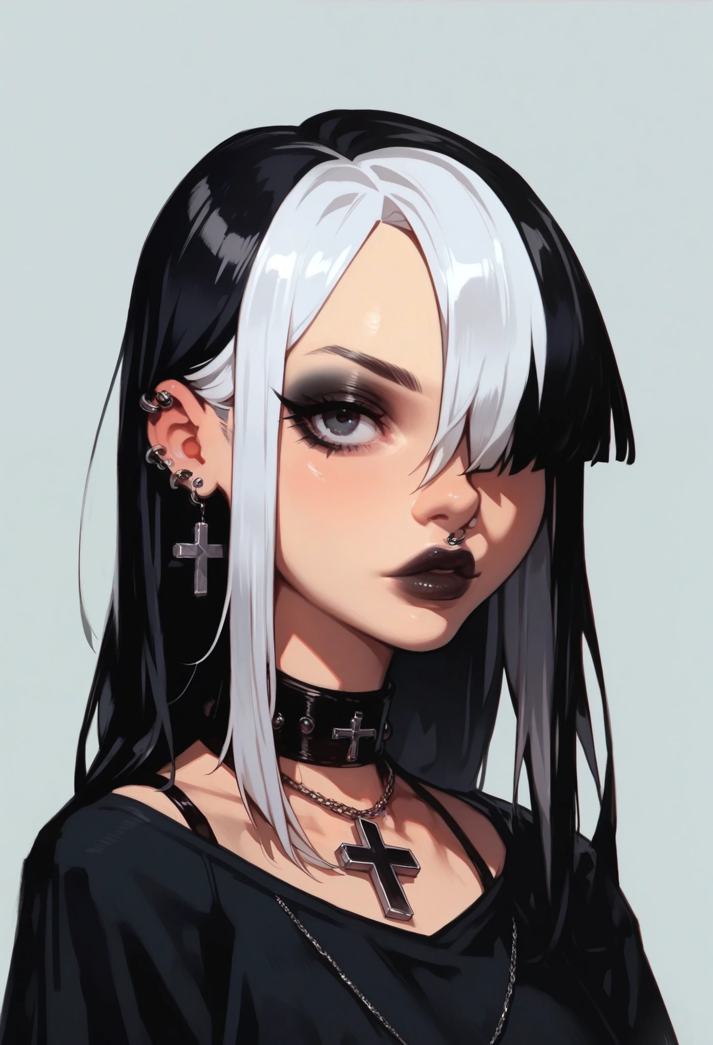 score_9, score_8_up, score_7_up, Goth girl, Goth girl 1girl 1girl,solo,long hair,looking at viewer,simple background,black hair, jewelry,white hair,multicolored hair,choker,black eyes,grey background,necklace,(hair over one eye),two-tone hair,cross,portrait,,  