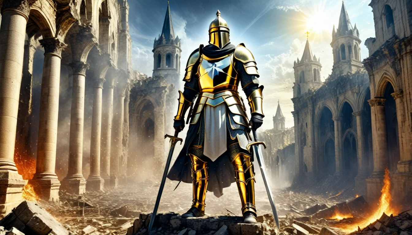 HDR, BEST IMAGE, A SOLDIER OF GOD, TEMPLAR KNIGHT, WITH DRAWN SWORD, WITH COVER, FROM THE HEAVENS, BEFORE A DESTROYED CITY, WHITE IVORY TOWERS WITH GOLD, DESTROYED FALLS, COLOR IMAGE, RUINS ON THE GROUND, FIRE