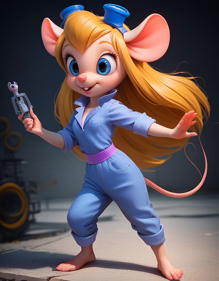 score_9, score_8_up, score_7_up, source_realistic, highly realistic, (absurd resolution), intricate details, zPDXL2, asymmetrical, concept art, raw photo,
1girl, tiny shrunken anthro mouse woman, gadget hackwrench, sparkling blue eyes, long blonde hair, medium breasts, wearing blue denim jumpsuit with sleeves rolled up, welding goggles on head, barefoot, cute pose,
huge tools, mouse hole,
dynamic angle, cinematic lighting, detailed fur texture, detailed eyes, detailed background, volumetric lighting, subsurface scattering,
Expressiveh, 