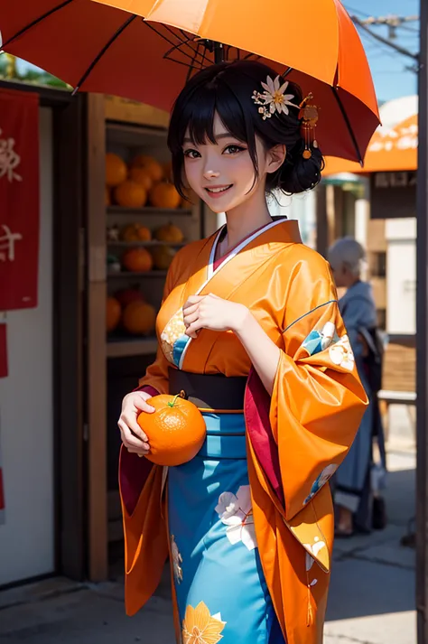 A smiling beautiful woman in a kimono holding an orange fruit under a blue sky bites into a slice of orange