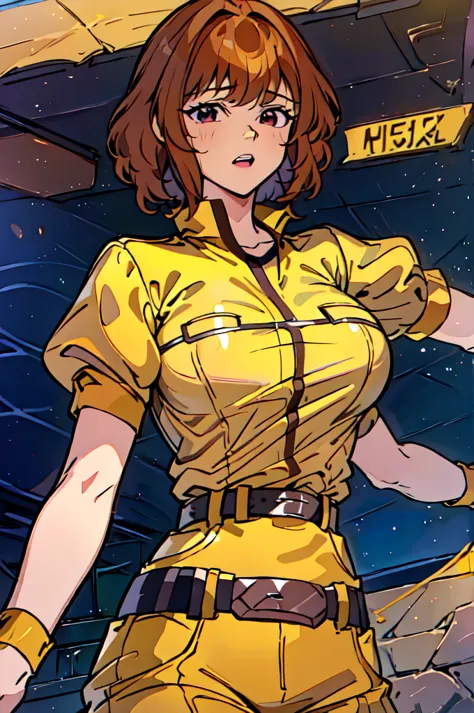 absurdres, april o'neil, 1girl, short brown hair, black eyes, upper body, yellow jumpsuit, sleeves rolled up, white belt 