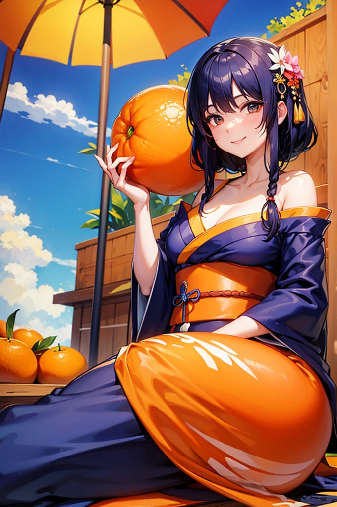 A smiling beautiful woman in a kimono holding an orange fruit under a blue sky bites into a slice of orange