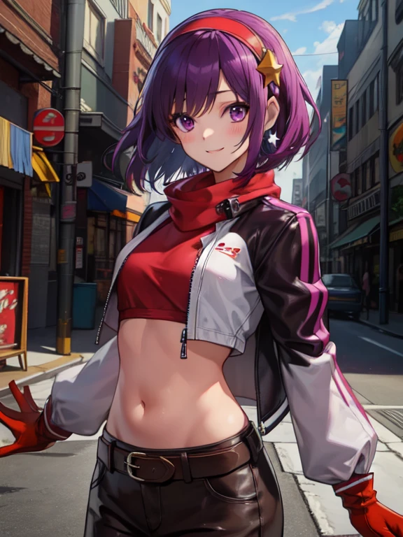 (Masterpiece, Best Quality:1.2), intricate details, athena asamiya, 1 girl, purple hair, Bermuda, belly button, hair band, purple eyes, Gloves without fingers, short hair, short jacket, Short shirt, belt, star hair ornament, long sleeves