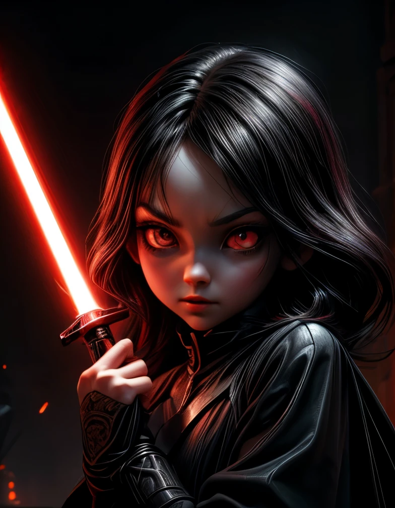 , 8k, ultra detailed, soft lighting, pmmkr2024, cartoon, best quality, trending on artstation,nice art,perfect art,nice detailed art,nice detailed body,nice detailed face,best quality, 8k, best quality, ultra-detailed,fantasy art , 8K, HD, 13 years old girl,darth,sith,evil,gloomy,red eyes,1lightsaber red,creepycute,pale skin,slender,kid