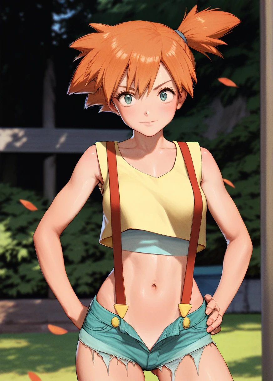 score_9, score_8_up, score_7_up, score_6_up, rustle_style BREAK
1girl, solo,  misty_\(pokemon\), yellow cropped top, navel, suspenders
