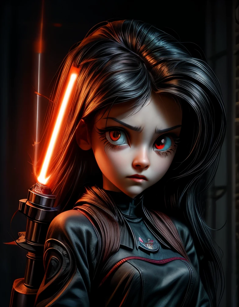 , 8k, ultra detailed, soft lighting, pmmkr2024, cartoon, best quality, trending on artstation,nice art,perfect art,nice detailed art,nice detailed body,nice detailed face,best quality, 8k, best quality, ultra-detailed,fantasy art , 8K, HD, 13 years old girl,darth,sith,evil,gloomy,red eyes,1lightsaber red,creepycute,pale skin,slender,kid