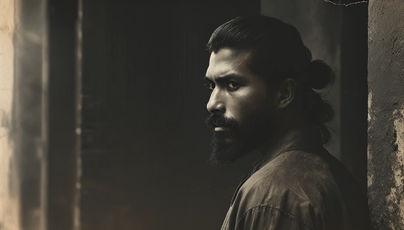 Crea una imagen en blanco y negro de un hombre latino de 35 años con una larga barba estilo espartano., Cabello largo y liso atado en un moño samurái., y piel ligeramente bronceada. Está vestido con una camisa negra larga.. El hombre está situado al fondo., completamente escondido en las sombras, con sólo contornos tenues y reflejos sutiles que insinúan su presencia. El fondo está suavemente borroso con tonos apagados., enfatizando la atmósfera oscura y melancólica, con una iluminación mínima y espectacular que proyecta sombras profundas para realzar la sensación de rock &#39;n&#39; roll.