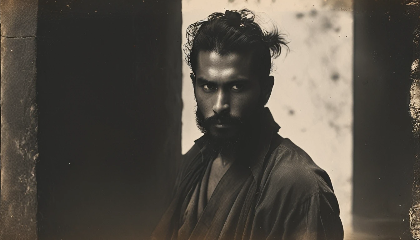 Crea una imagen en blanco y negro de un hombre latino de 35 años con una larga barba estilo espartano., Cabello largo y liso atado en un moño samurái., y piel ligeramente bronceada. Está vestido con una camisa negra larga.. El hombre está situado al fondo., completamente escondido en las sombras, con sólo contornos tenues y reflejos sutiles que insinúan su presencia. El fondo está suavemente borroso con tonos apagados., enfatizando la atmósfera oscura y melancólica, con una iluminación mínima y espectacular que proyecta sombras profundas para realzar la sensación de rock &#39;n&#39; roll.