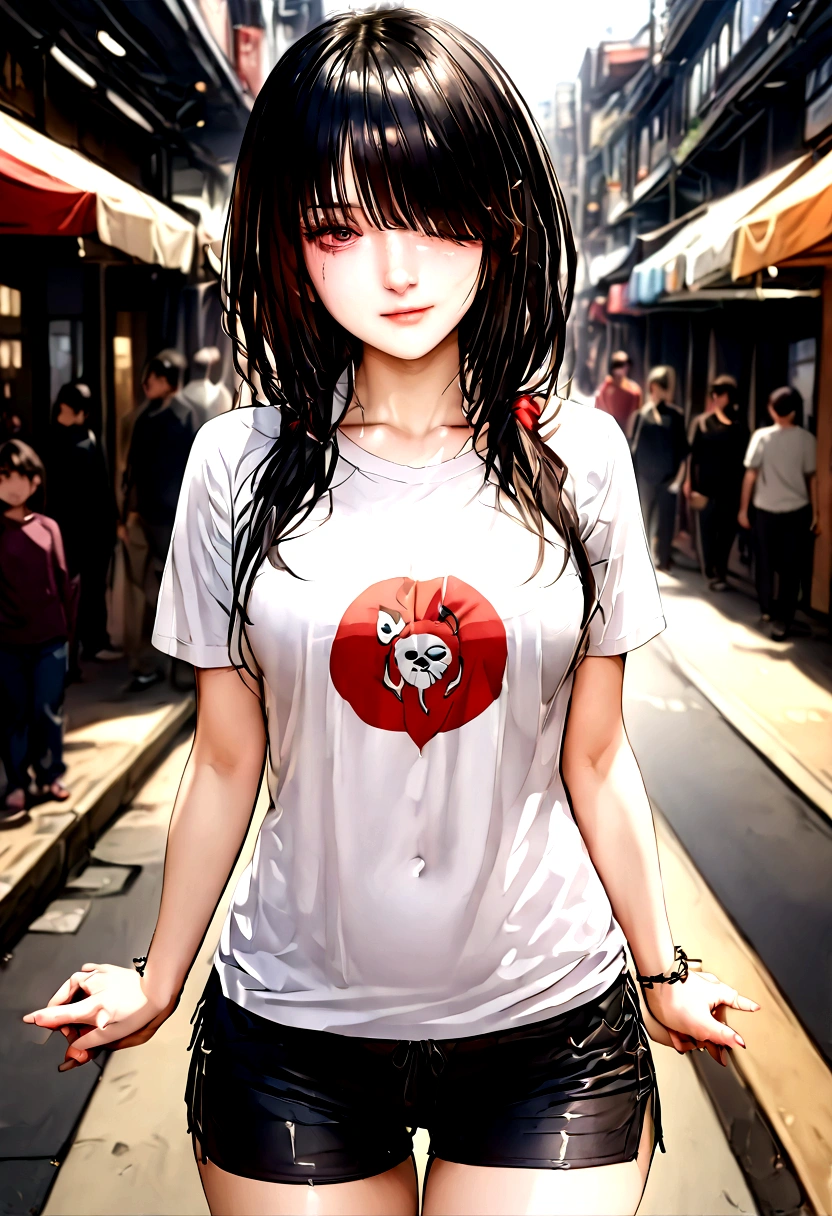 ultra-detailed,highly detailed,best quality,masterpiece,illustration,realistic, photo,photorealistic,
1girl, ((tokisaki kurumi)), cosplay, hair over one eye, (right red eye, left yellow eye), looking at viewer, happy girl, low twintails, ((t-shirts)), (((black hotpants))), hair rings, loafers,
(Outdoors) , walking, beach
