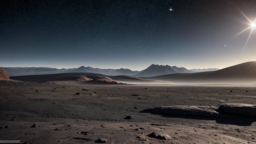 Hyper-realistic digital painting of a lunar landscape, with vast expanses of gray dust and rocky terrain, illuminated by the distant Earth hanging in the blackness of space. Craters of various sizes dot the surface, casting deep shadows, and jagged mountains rise in the background under the bright sunlight. The sky is a pitch-black void, speckled with distant stars. In the foreground, an astronaut stands next to a flag planted in the ground, their helmet visor reflecting the distant Earth, cinematic composition, trending on ArtStation