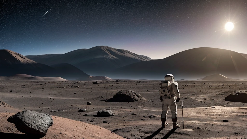 Hyper-realistic digital painting of a lunar landscape, with vast expanses of gray dust and rocky terrain, illuminated by the distant Earth hanging in the blackness of space. Craters of various sizes dot the surface, casting deep shadows, and jagged mountains rise in the background under the bright sunlight. The sky is a pitch-black void, speckled with distant stars. In the foreground, an astronaut stands next to a flag planted in the ground, their helmet visor reflecting the distant Earth, cinematic composition, trending on ArtStation