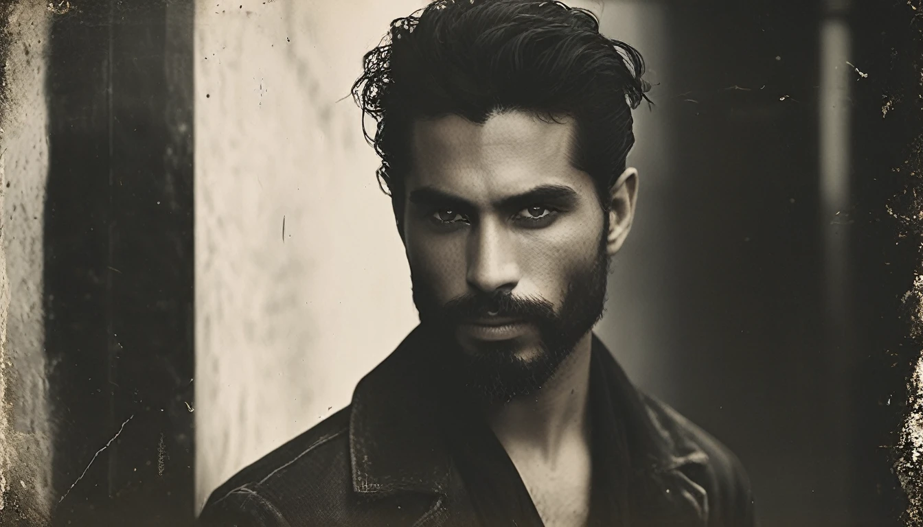 Create an image of a 3 Latino man with a long Spartan-style beard. The beard is dense, well-groomed, and extends down his chest, giving him a rugged and imposing appearance. He has long, straight hair tied back in a samurai-style bun, adding to the edgy rock vibe. His jawline is strong and angular, with pronounced lines. His eyes are deep and expressive, with thick eyebrows adding intensity to his gaze. His skin is slightly tanned, reflecting his Latino heritage.

He is dressed in a long black shirt, exuding a rock 'n' roll aesthetic. The scene is entirely in black and white, creating a stark, dramatic effect. The man is positioned in the background, completely hidden in the shadows, with only faint outlines and subtle highlights hinting at his presence and attire.

The background is softly blurred with muted tones, emphasizing the dark and brooding presence of the figure. The minimal, dramatic lighting casts deep shadows that obscure most of his features, contributing to a haunting and atmospheric rock 'n' roll feel. Ensure the overall image maintains a monochromatic black and white palette to enhance the intense and mysterious atmosphere.