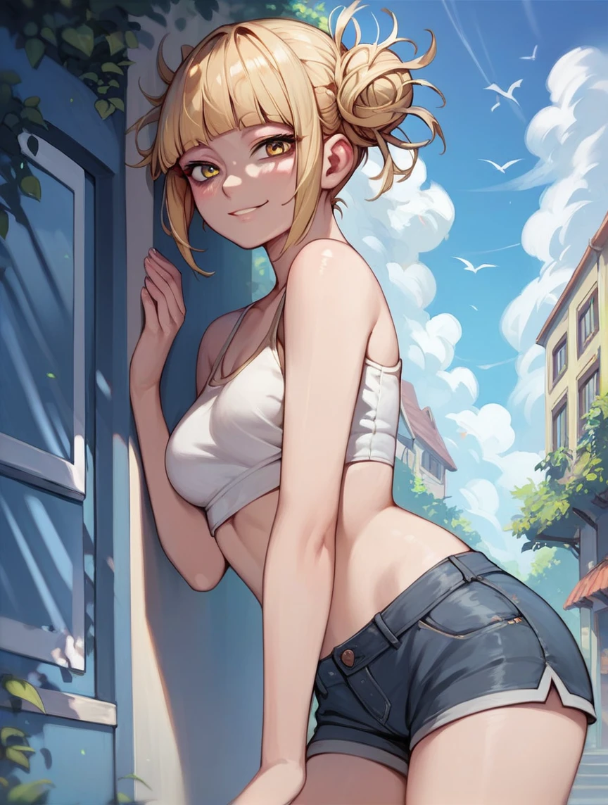 score_9, score_8_up, score_7_up, score_6_up,source_Anime, 1girl, h1m1k0t0g4, yellow eyes, blonde hair, short hair, blunt bangs, hair bun, messy hair, smile,  medium breast, croptop, shorts, looking at viewer, outdoors,   