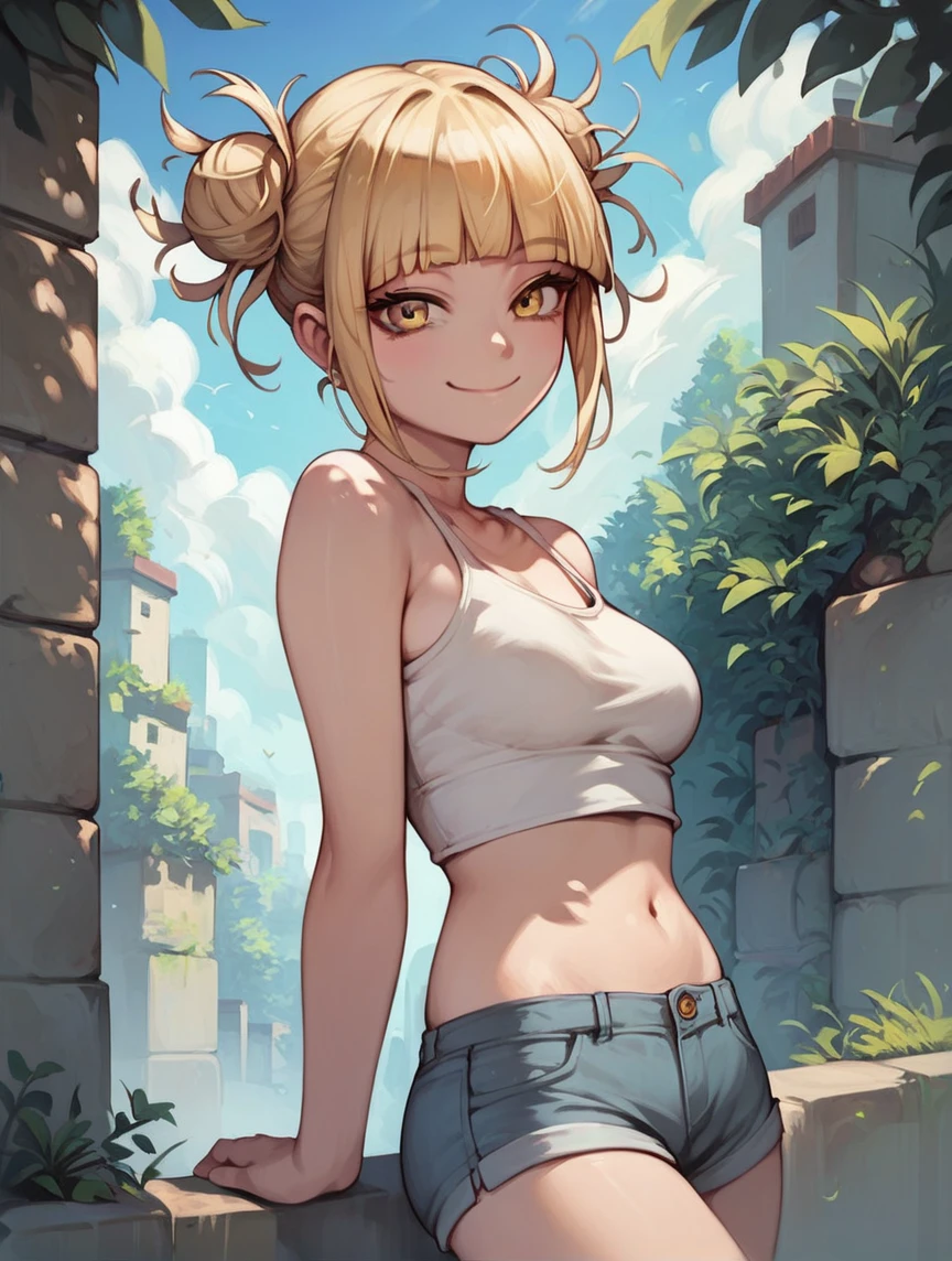 score_9, score_8_up, score_7_up, score_6_up,source_Anime, 1girl, h1m1k0t0g4, yellow eyes, blonde hair, short hair, blunt bangs, hair bun, messy hair, smile,  medium breast, croptop, shorts, looking at viewer, outdoors,   