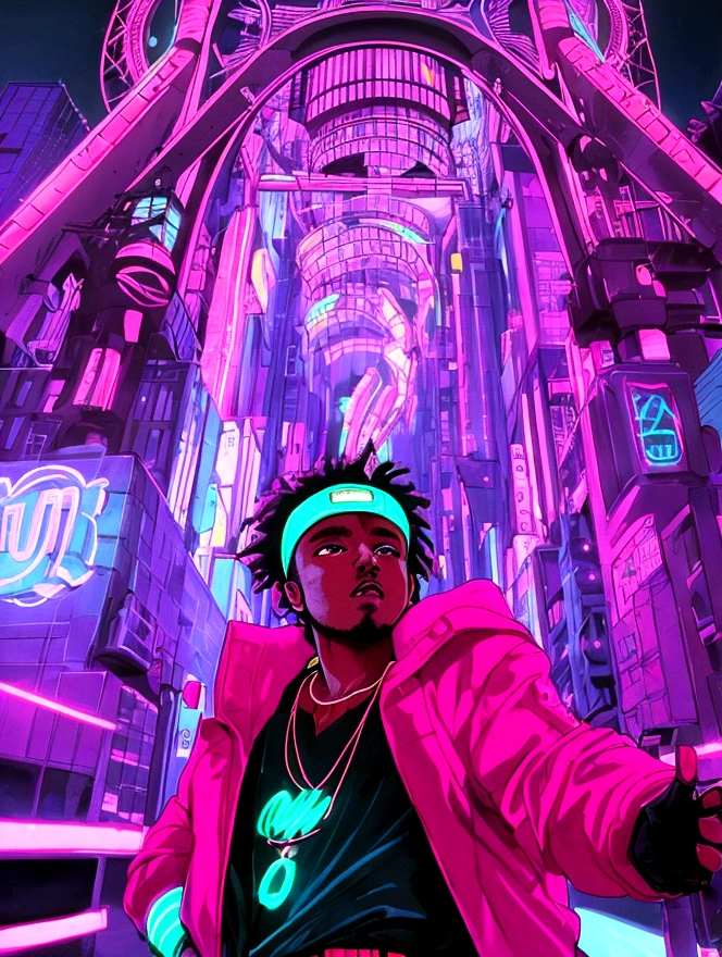 In a neon-lit retro-futuristic city, Kendrick Lamar finds himself transported back in time to the 1980s. As he navigates this new world, he discovers that his unique musical talent has the power to inspire and bring hope to those living under oppressive rule. Write or draw a scene depicting Kendrick Lamar using his music to ignite a revolution, as he combines his poetic lyrics with powerful 80s-style anime visuals.