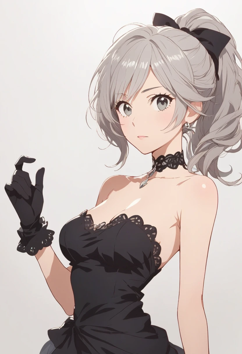 score_9, score_8_up, score_7_up, source_anime, source_cartoon, 1girl, bare shoulders, black choker, black dress, black gloves, choker, dress, gloves, grey eyes, grey hair, ponytail, simple background, solo, 