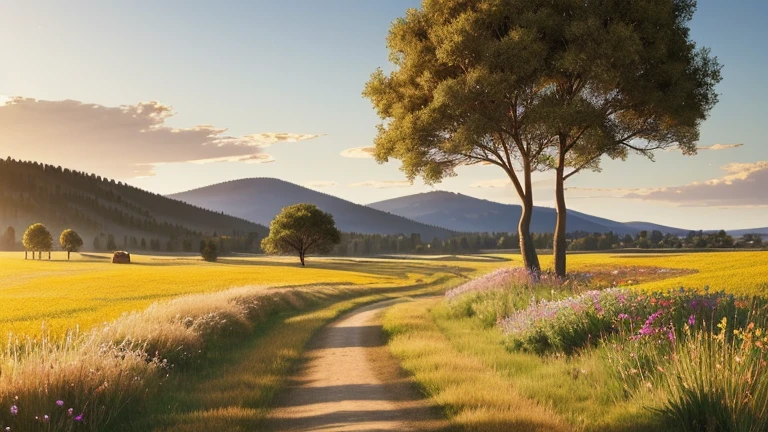 Hyper-realistic digital painting of a vast, serene plain stretching out to the horizon, with gently rolling hills covered in tall, golden grasses swaying in the breeze. The sky is a brilliant blue with fluffy white clouds scattered across it. In the foreground, a winding dirt path leads through the plain, bordered by wildflowers in various vibrant colors. A solitary tree stands majestically in the middle distance, its branches providing a focal point in the open landscape. In the background, a range of distant mountains adds depth to the scene, cinematic composition, trending on ArtStation.