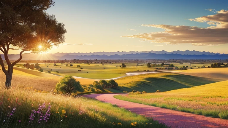 Hyper-realistic digital painting of a vast, serene plain stretching out to the horizon, with gently rolling hills covered in tall, golden grasses swaying in the breeze. The sky is a brilliant blue with fluffy white clouds scattered across it. In the foreground, a winding dirt path leads through the plain, bordered by wildflowers in various vibrant colors. A solitary tree stands majestically in the middle distance, its branches providing a focal point in the open landscape. In the background, a range of distant mountains adds depth to the scene, cinematic composition, trending on ArtStation.