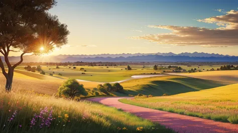 Hyper-realistic digital painting of a vast, serene plain stretching out to the horizon, with gently rolling hills covered in tal...