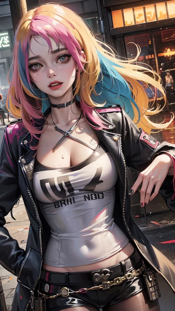 Create a highly detailed and realistic image of Harley Quinn as portrayed by Margot Robbie milf, Big Botty in "Suicide Squad." She should look beautiful and charismatic, with her signature blonde hair dyed with pink and blue tips. She is wearing a white transparent t-shirt through which her breasts are subtly visible, featuring the text "hahaha" printed on it. The setting is a post-apocalyptic world infested with zombies. The scene should depict a city in ruins, with many spent ammunition cartridges scattered across the streets, indicating recent and intense battles. The atmosphere should be dark, gritty, and tense, with an overall feeling of danger and chaos.
