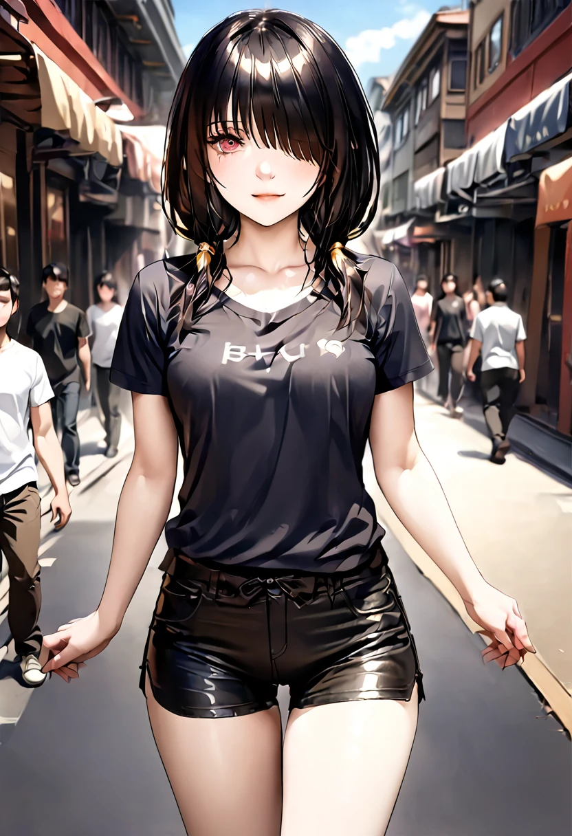 ultra-detailed,highly detailed,best quality,masterpiece,illustration,realistic, photo,photorealistic,
1girl, ((tokisaki kurumi)), cosplay, hair over one eye, (right red eye, left yellow eye), looking at viewer, happy girl, low twintails, ((t-shirts)), (((black hotpants))), hair rings, loafers,
(Outdoors) , walking, beach
