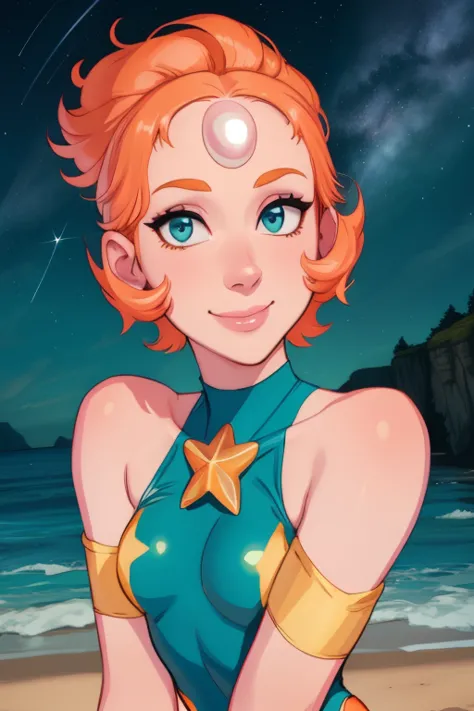 Pearl,short orange hair, forehead jewel, half-open eyes,  pointy hair, pointy nose, 
,Blue leotard with tiny gold star on front,...