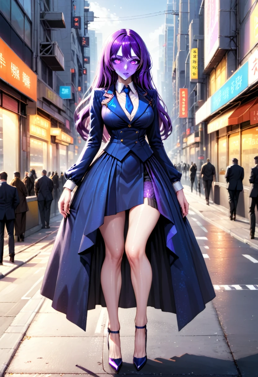 Anime girl, standing on a city street with long hair and blue eyes, Trends in ArtStation Pixiv, purple eyes, blue tie, Beautiful (detailed eyes, detailed face,) gasped, evladef, Noble temperament, high heels, no watermark