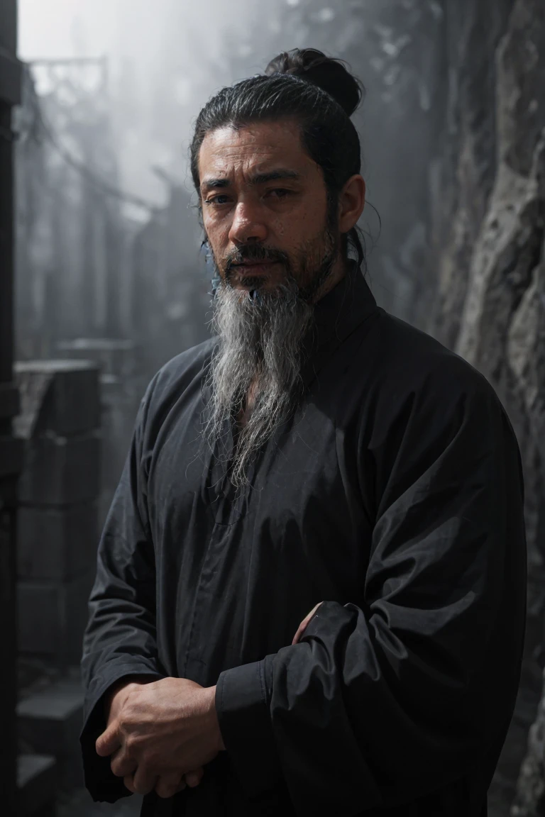 Create an image of a 35-year-old Latino man with a long Spartan-style beard. The beard is dense, well-groomed, and extends down his chest, giving him a rugged and imposing appearance. He has long, straight hair tied back in a samurai-style bun, adding to the edgy rock vibe. His jawline is strong and angular, with pronounced lines. His eyes are deep and expressive, with thick eyebrows adding intensity to his gaze. His skin is slightly tanned, reflecting his Latino heritage.

He is dressed in a long black shirt, exuding a rock 'n' roll aesthetic. The scene is entirely in black and white, creating a stark, dramatic effect. The man is positioned in the background, completely hidden in the shadows, with only faint outlines and subtle highlights hinting at his presence and attire.

The background is softly blurred with muted tones, emphasizing the dark and brooding presence of the figure. The minimal, dramatic lighting casts deep shadows that obscure most of his features, contributing to a haunting and atmospheric rock 'n' roll feel. Ensure the overall image maintains a monochromatic black and white palette to enhance the intense and mysterious atmosphere.