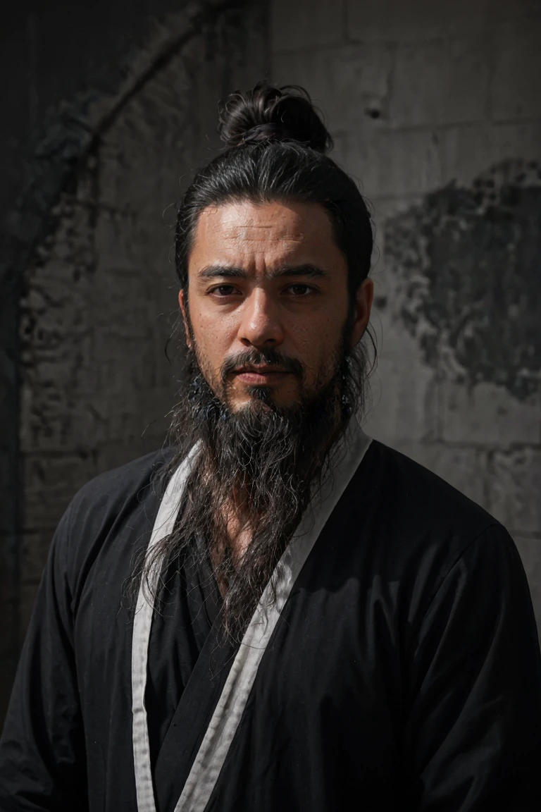 Create an image of a 35-year-old Latino man with a long Spartan-style beard. The beard is dense, well-groomed, and extends down his chest, giving him a rugged and imposing appearance. He has long, straight hair tied back in a samurai-style bun, adding to the edgy rock vibe. His jawline is strong and angular, with pronounced lines. His eyes are deep and expressive, with thick eyebrows adding intensity to his gaze. His skin is slightly tanned, reflecting his Latino heritage.

He is dressed in a long black shirt, exuding a rock 'n' roll aesthetic. The scene is entirely in black and white, creating a stark, dramatic effect. The man is positioned in the background, completely hidden in the shadows, with only faint outlines and subtle highlights hinting at his presence and attire.

The background is softly blurred with muted tones, emphasizing the dark and brooding presence of the figure. The minimal, dramatic lighting casts deep shadows that obscure most of his features, contributing to a haunting and atmospheric rock 'n' roll feel. Ensure the overall image maintains a monochromatic black and white palette to enhance the intense and mysterious atmosphere.
