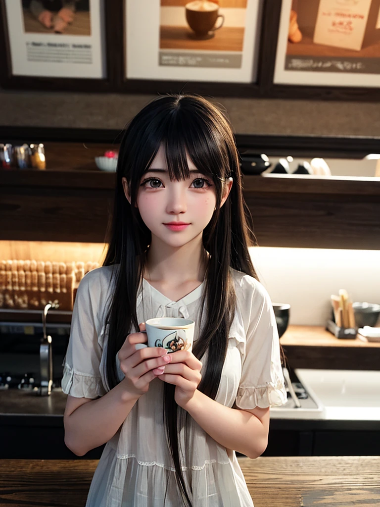 girl in a coffee shop, beautiful detailed eyes, beautiful detailed lips, extremely detailed eyes and face, long eyelashes, realistic young anime girl, cute natural anime face, kawaii realistic portrait, realistic anime 3d style, cute kawaii girl, attractive anime girl, photorealistic anime, mysterious coffee shop girl, young anime girl, cute anime girl, anime girl with long hair, holding a cup of coffee, cinematic lighting, intricate details, highly detailed, hyper realistic, vibrant colors, soft focus, chiaroscuro lighting, ambient occlusion, volumetric lighting, physically-based rendering, masterpiece, digital art, 8k, high resolution