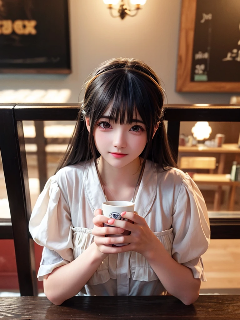 girl in a coffee shop, beautiful detailed eyes, beautiful detailed lips, extremely detailed eyes and face, long eyelashes, realistic young anime girl, cute natural anime face, kawaii realistic portrait, realistic anime 3d style, cute kawaii girl, attractive anime girl, photorealistic anime, mysterious coffee shop girl, young anime girl, cute anime girl, anime girl with long hair, holding a cup of coffee, cinematic lighting, intricate details, highly detailed, hyper realistic, vibrant colors, soft focus, chiaroscuro lighting, ambient occlusion, volumetric lighting, physically-based rendering, masterpiece, digital art, 8k, high resolution