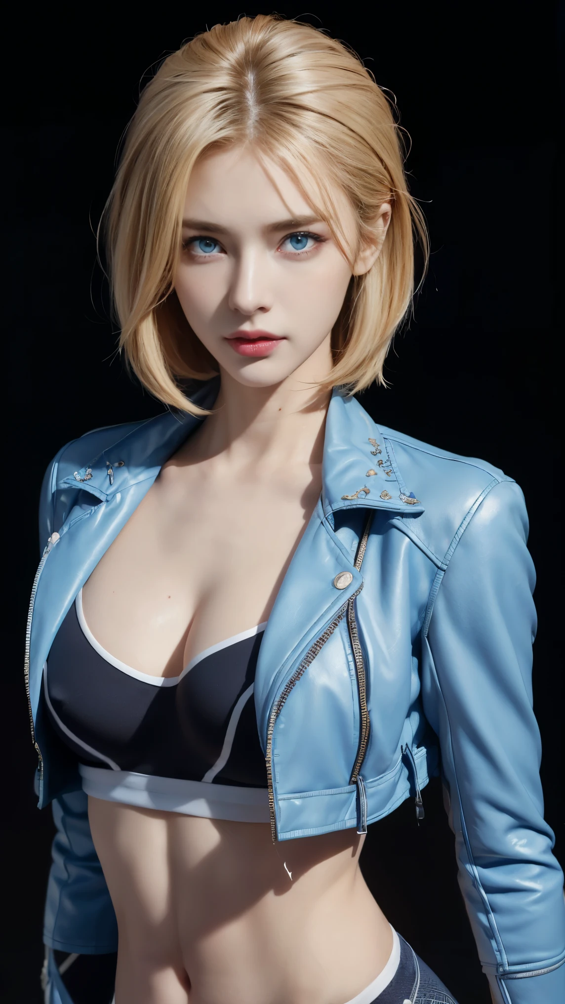 8K, Top Quality, Intricate Details, Ultra Detail, Ultra High Resolution, Masterpiece, close up shot,  (full body: 1.1), Slender, Smile, (Makeup: 0.4), ((,)), (Fluffy blue Eyes: 1.21), (()), 1girl, solo, 1 girl, ((cammy white, blonde hair, bangs, short hair, blue eyes, antena hair, abs, scar on cheeks)), close up shot, , ((tall)), (((fit body))), (((slim face))), sharp face, (( )) , (detailed face), sharp face, small lips, perfect hands, (())
 ((,  )), , ((open mini jacket, torn jacket, mini short, skin tight legging, torn legging, skinny pants, skin tight pants )), detailed face, detailed breast,, huge breast , ((detailed nipples)), detail ass, Narrow Waist, Skinny, tall , 175 cm tall, Muscular, Navel, Exposed Abdomen, Pointed Chest,, Beautiful girl with accentuated slender abs: 1.4, Six Pack Abs: 1.4, Bust Botox, Big, Perfect Body, detail leg, (( dark background)), black background,