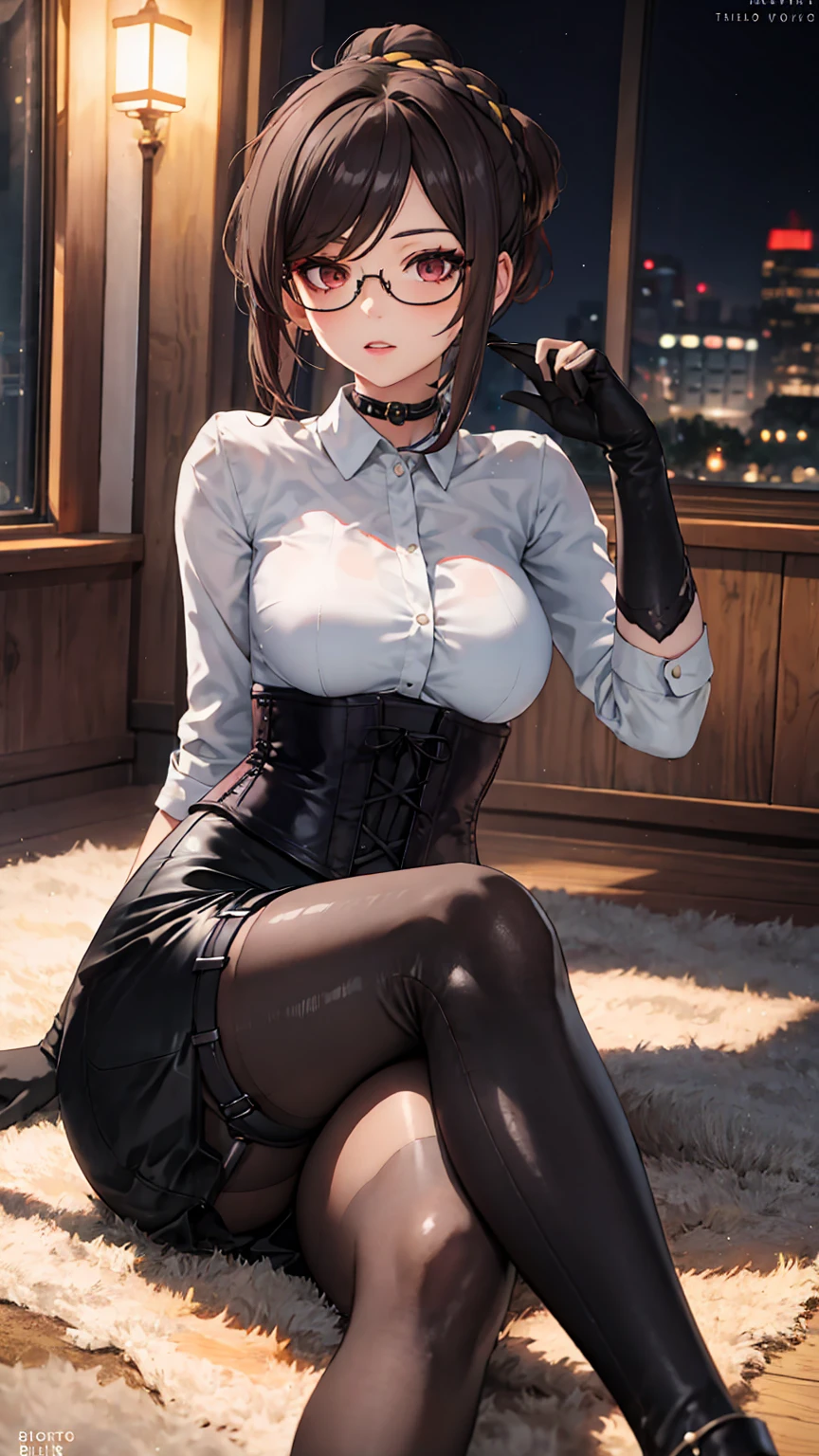 1 girl, Chiori \(genshin impact\), Alone,  sitting on the floor with legs crossed, glasses, choker:1.6,  White long sleeve shirt with long sleeve collar, black leather corset, black gloves that cover your hands, shiny black tight mini skirt, shackles, looking at the viewer,, inside, depth of field, at night