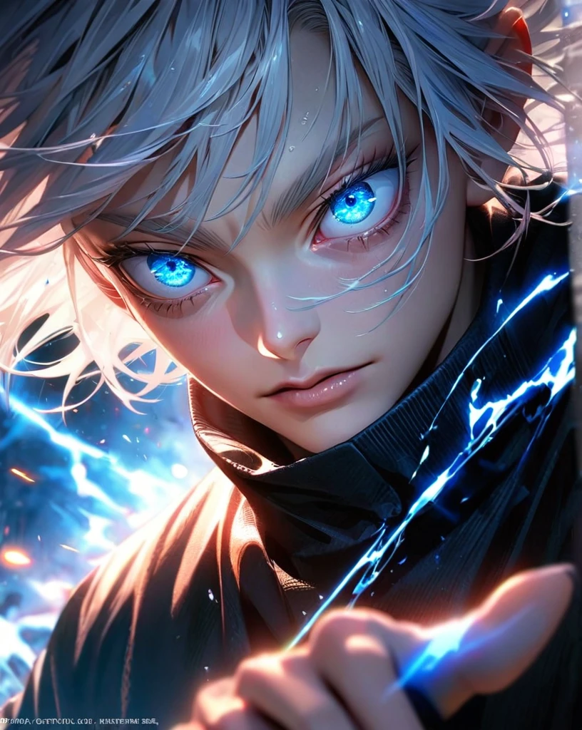  High quality, ultra realistic,absurdres, highres, ultra detailed, HDR, masterpiece, extremely detailed face and eyes,  Gojo satoru , jujutsu kaisen,, white hair ,black shirt , solo, ,man, handsome, ,white eyeleshes, blue eyes , Epic fight scene, blue splashing effect,blue lightning  effect,glowing glitters , close up,cool eyes, symetrical, adult, 